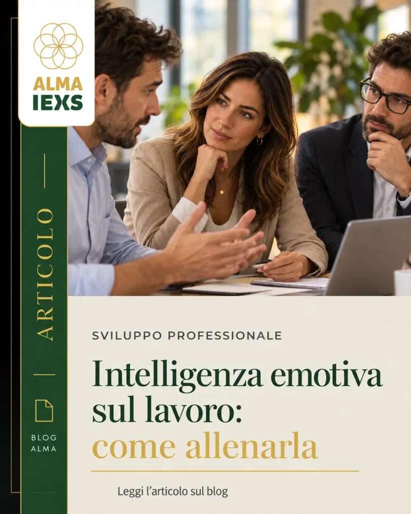 Intelligenza emotiva sul lavoro: tre professionisti si confrontano durante una riunione, mentre una collega ascolta con attenzione.