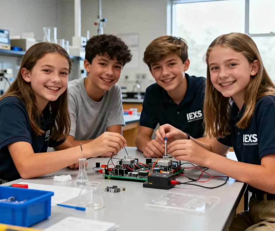 Ragazzi con un progetto di elettronica sul tavolo di laboratorio